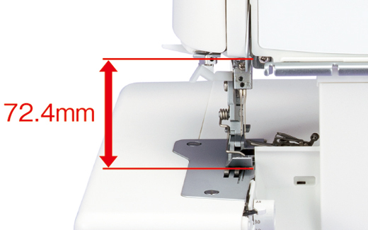 針もとの高さは業界最大クラスの72.4mm。針もとが見やすくなり、布の取り回しも容易です。
