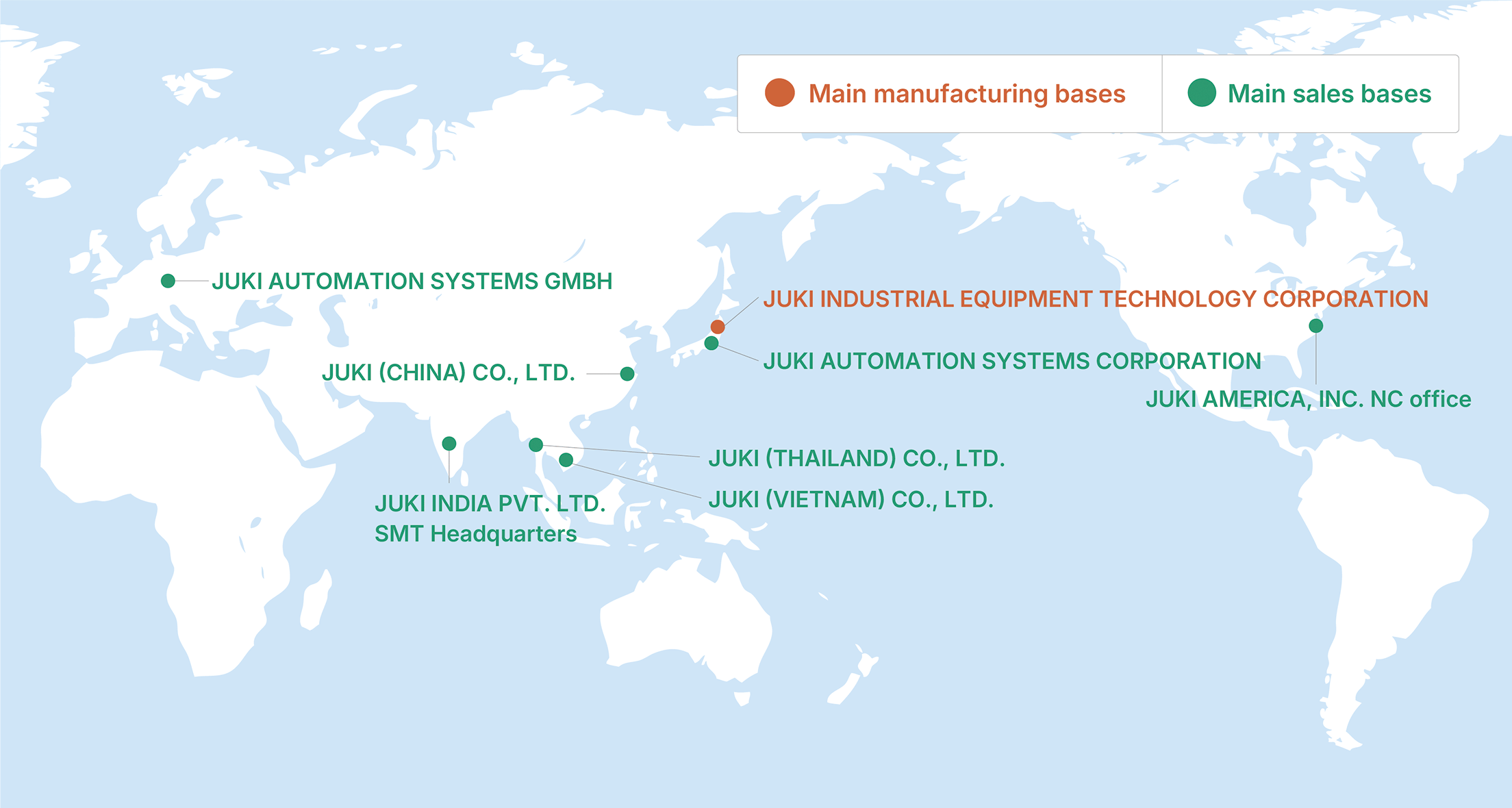 Map of JUKI’s manufacturing and sales bases for industrial equipment