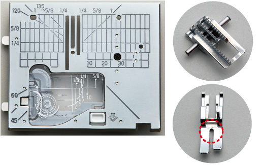 ・Straight throat plate ・Straight feed dog ・Straight presser foot (S)