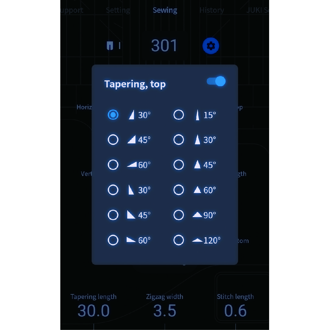 You can select the angle and direction for the beginning and end of tapering.