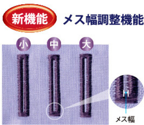 ●家庭用ミシン初！3段階でメス幅を変更できます。 幅狭にして穴をあけると生地のほつれが少なくなります。