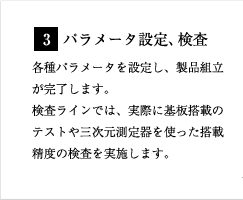 3.パラメータ設定、検査 各種パラメータを設定し、製品組立が完了します。検査ラインでは、実際に基板搭載のテストや三次元測定器を使った搭載精度の検査を実施します。